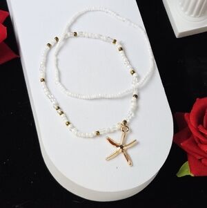 Starfish Beaded Anklet Stack Set 2pcs Gold Charm White Blue Bead Ankle Bracelet